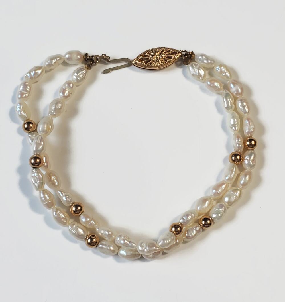 Double Strand Freshwater Pearl Rice  Bead 14k Yellow Gold Bead Clasp Bracelet